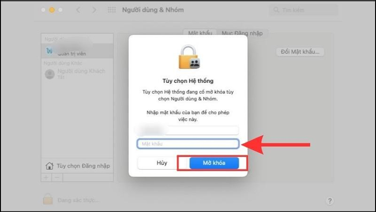Bước 4: Thực hiện nhập tên người dùng và mật khẩu tài khoản quản trị viên để mở khóa bảng tùy chọn rồi bấm “Mở khóa”.