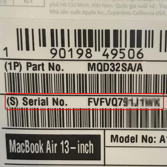 Trên hộp đựng MacBook Air M1 cũng có thông tin sản phẩm và số seri 