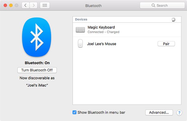 Giao diện kết nối chuột Bluetooth trên MacBook