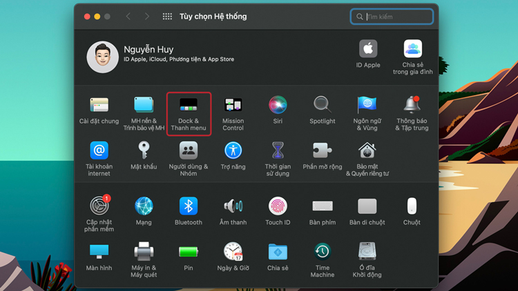 Chọn Dock & Thanh menu
