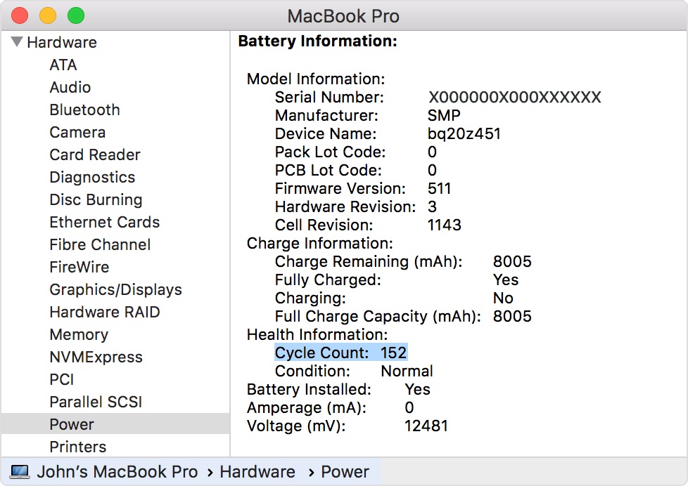 Chu kỳ pin của MacBook hiển thị ở dòng Cycle Count