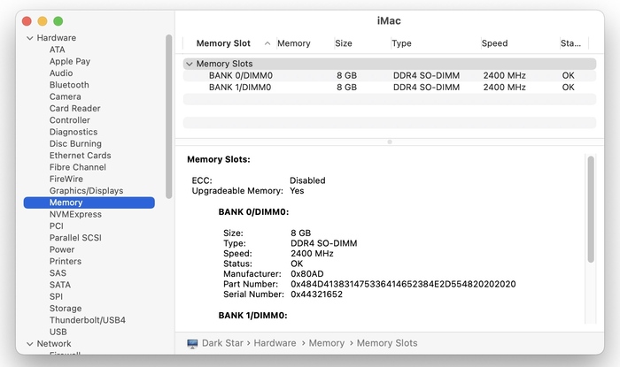 Nếu là dòng máy không thể nâng cấp Ram, khách hàng click System Report… > Chọn Hardware ở cột bên trái > Chọn Memory