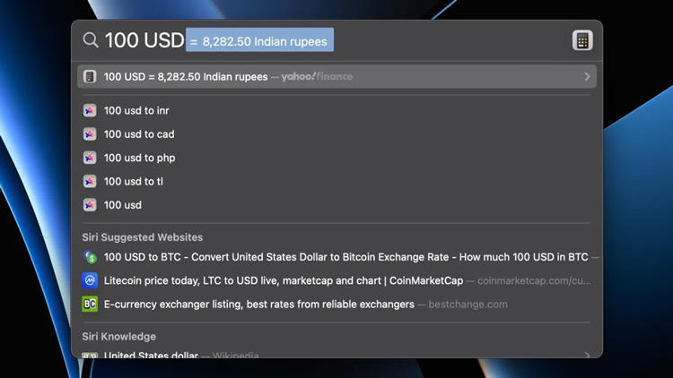 Người dùng có thể thực hiện chuyển đổi tiền tệ chỉ với Spotlight