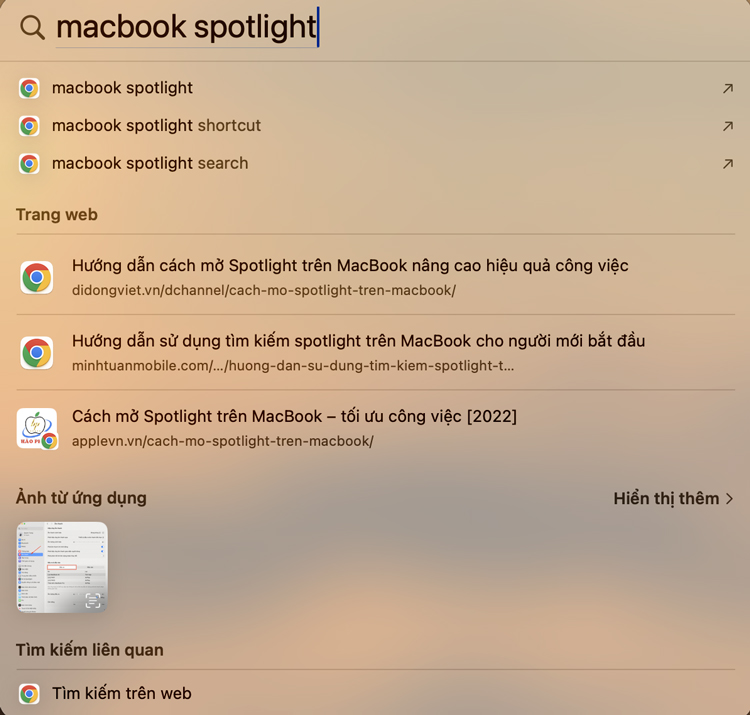 Nhập từ khóa liên quan đến những trang bạn muốn tìm kiếm ngay trên Spotlight