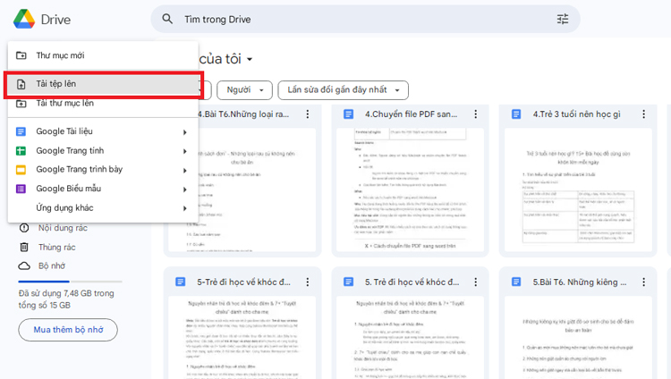 Sau khi đã vào Google Drive, bạn bấm vào “Mới” chọn “Tải tệp lên”