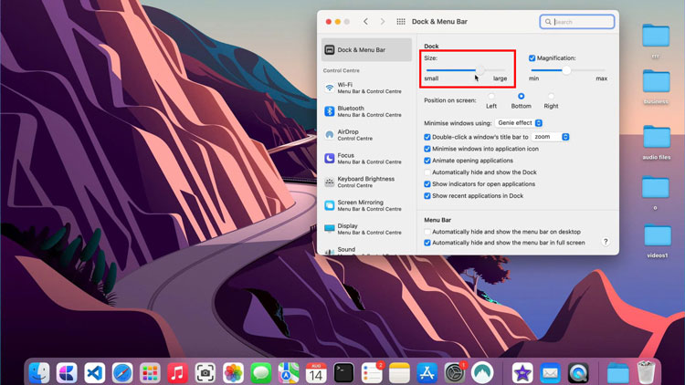 Sử dụng thanh trượt tại phần cài đặt để điều chỉnh kích thước thanh Dock MacBook