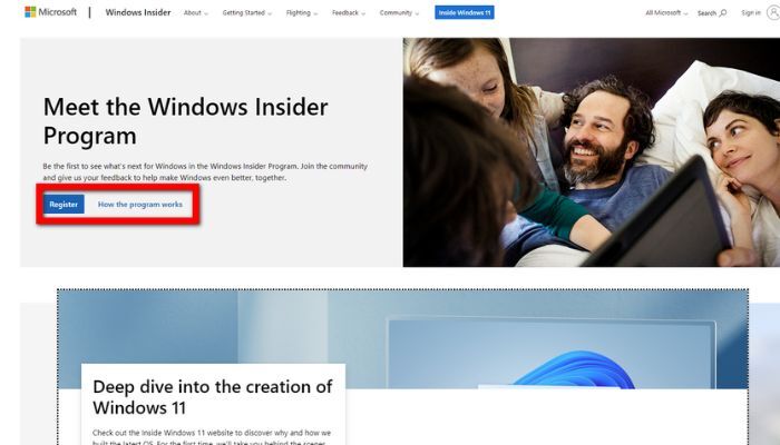 Truy cập Windows Insider tại Microsoft để đăng ký làm người dùng nội bộ Windows