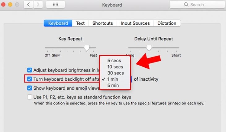 Tích vào ô Adjust keyboard brightness in low light khi muốn bật tự động điều chỉnh đèn nền MacBook 